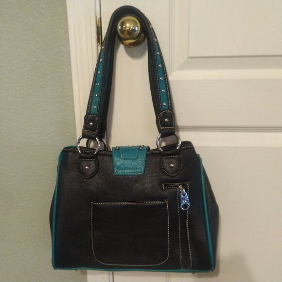 Montana West Womens Blue Conceal Carry Handbag Purse Rhinestone Buckle Studs EUC - Picture 3 of 16